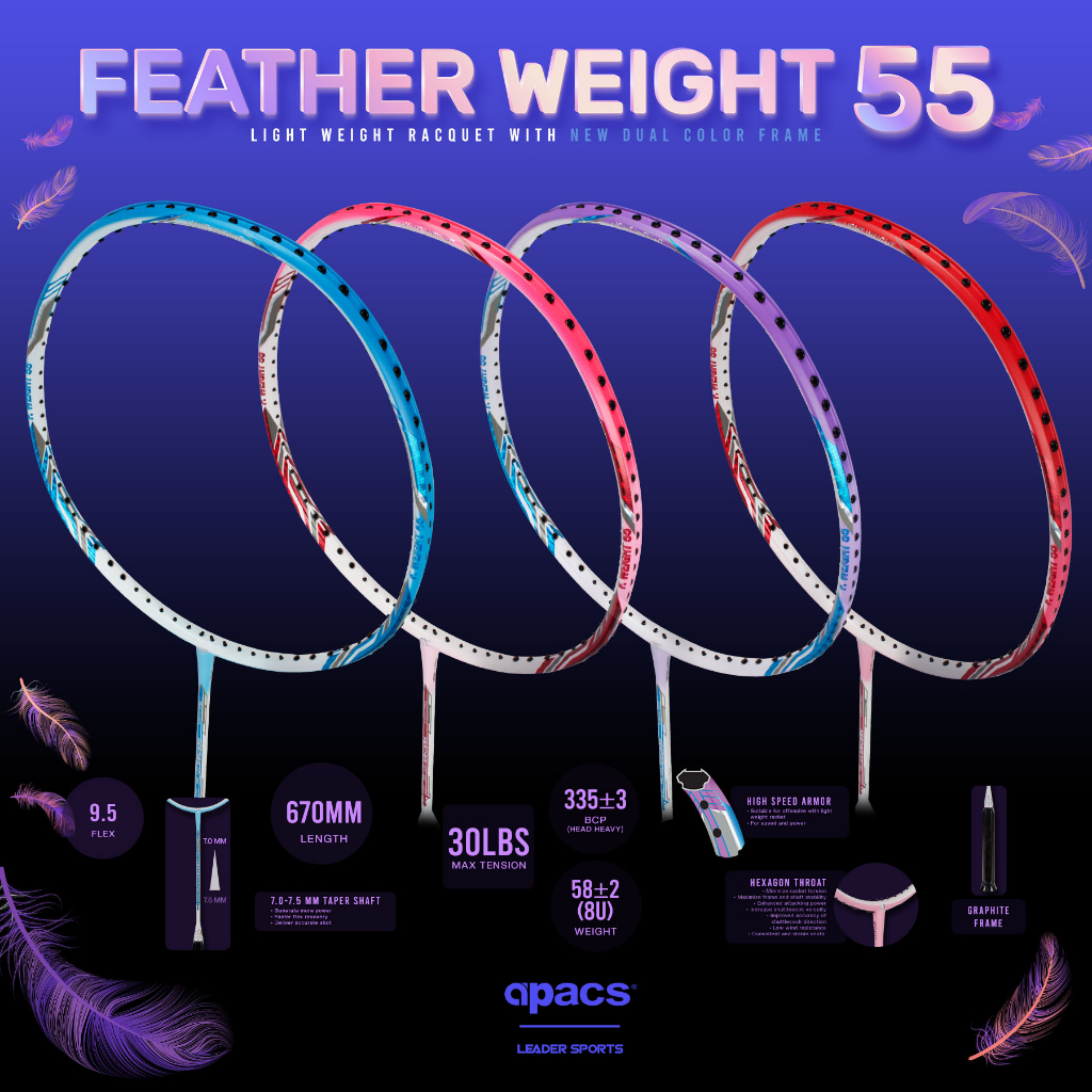 APACS BADMINTON RACKET FEATHER WEIGHT 55 (8U) | Shopee Malaysia