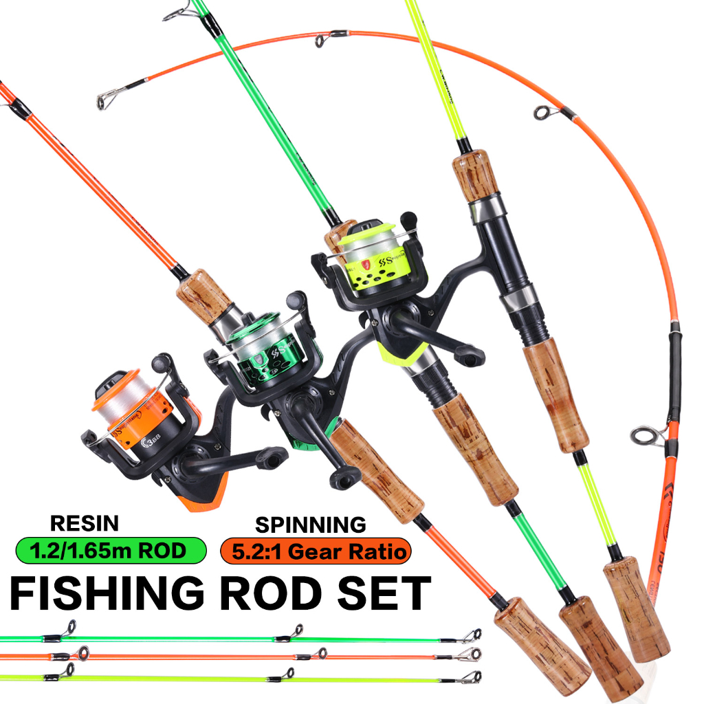 Malaysia Fishing Rod+Reel Set Joran Pancing 1.2m/1.65m Spinning Rod With  Gear Ratio 5.2:1 Fishing Reel Pancing Green Set 1.2m
