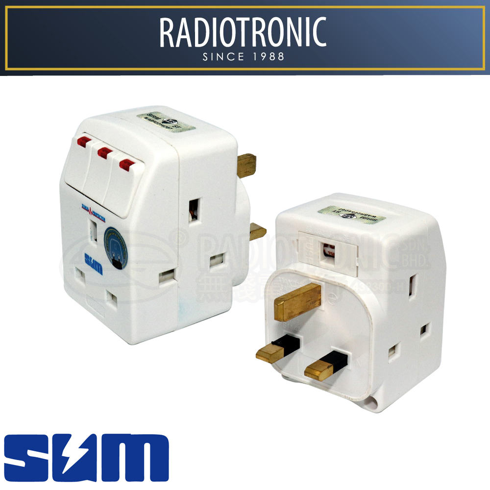 SUM S133N 3 Way 3 Pin Neon Switch Adaptor (With Surge Protector