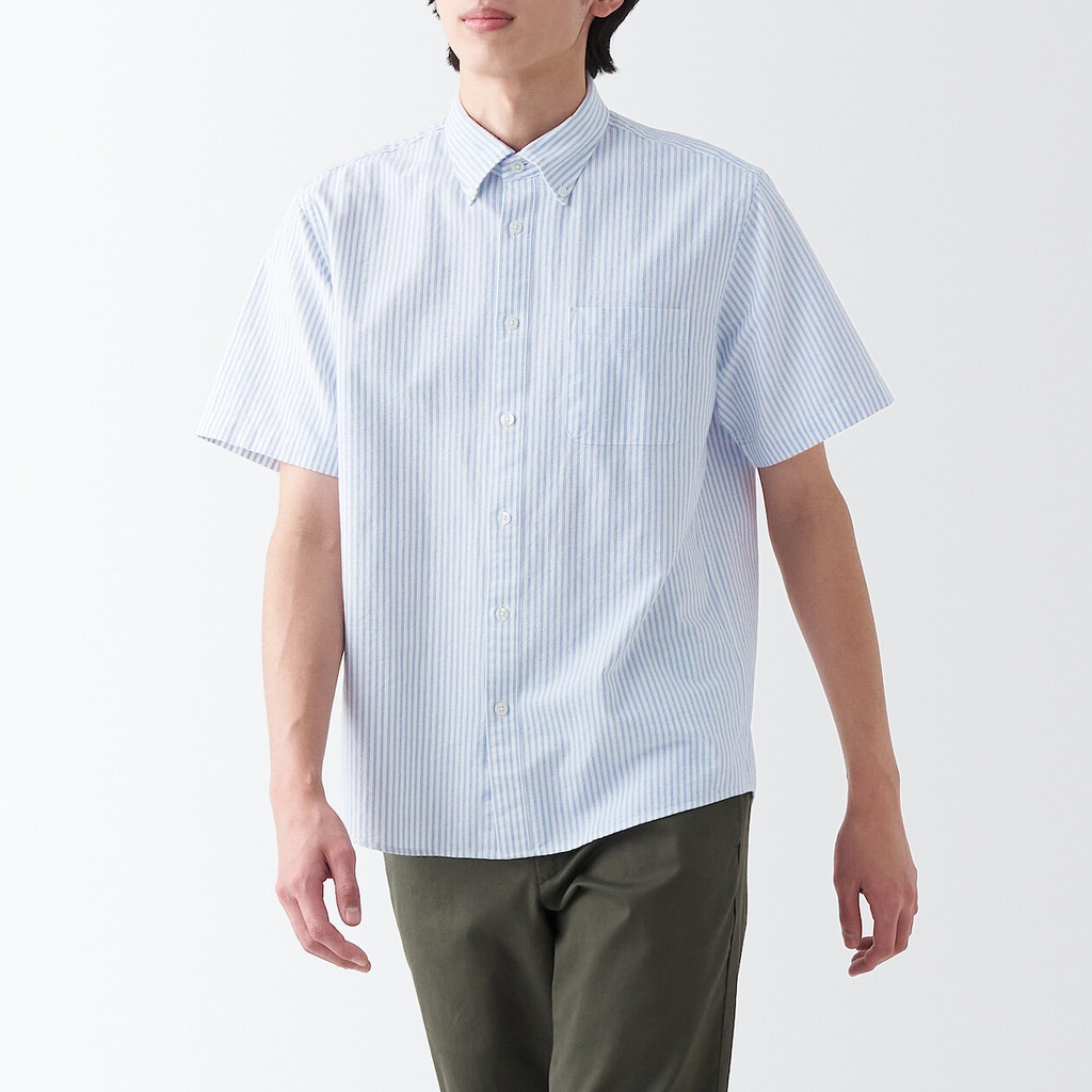 MUJI Men Washed Oxford Button Down Short Sleeve Shirt (Pattern