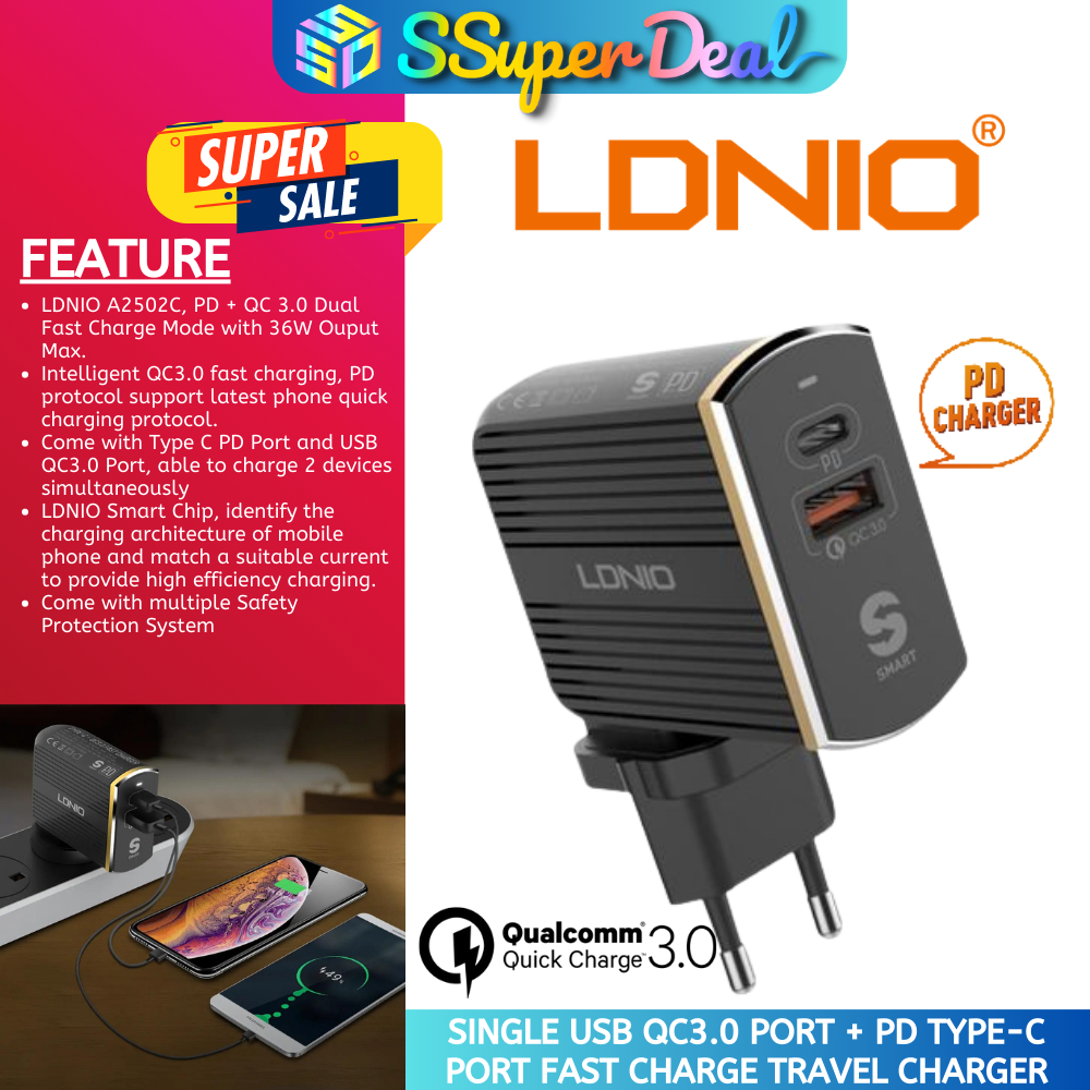 LDNIO A2502C Single USB QC3.0 Port + PD Type-C Port Fast Charge Travel ...