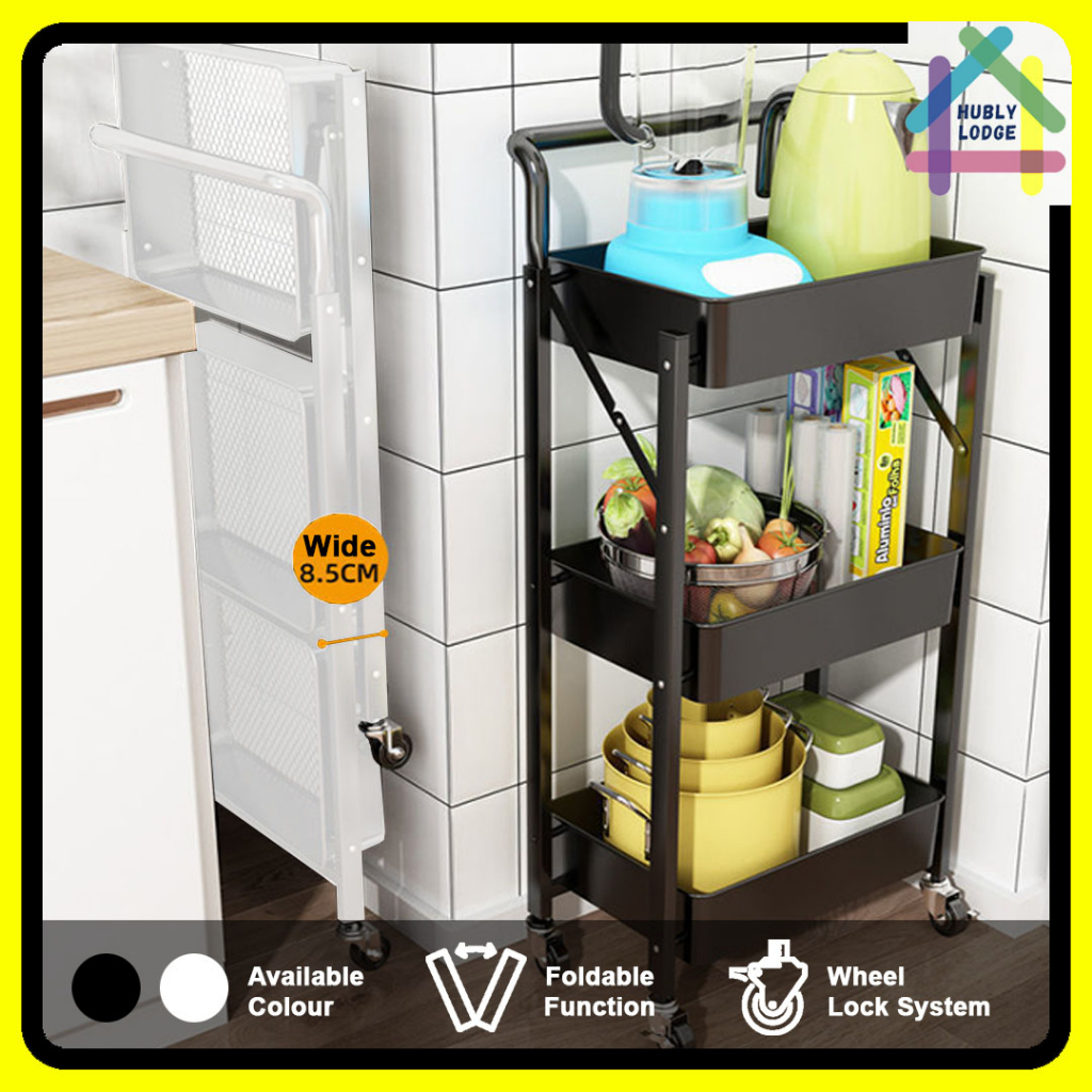 FOLDABLE TROLLEY RACK 3 TIER STORAGE RACK STEEL KITCHEN STORAGE TROLLEY ...