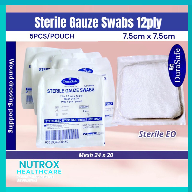 DURASAFE Gauze Swab Sterile 7.5x7.5cm 12ply Mesh 24x20 (5pcs/pack