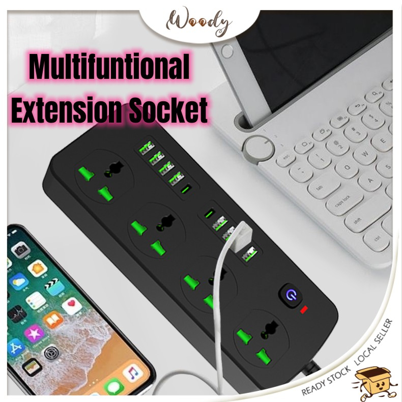 【Woody】 Extension Socket Malaysia Plug Adapter 4AC/4 Plug 8 USB Charger