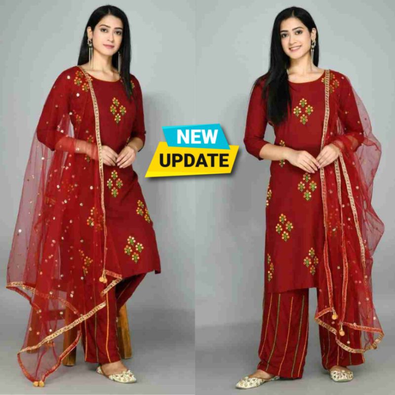 Designer Simar Silk Embroidered Kurti with Plazzo & Dupatta Set | Fully Stitched Party Wear Outfit