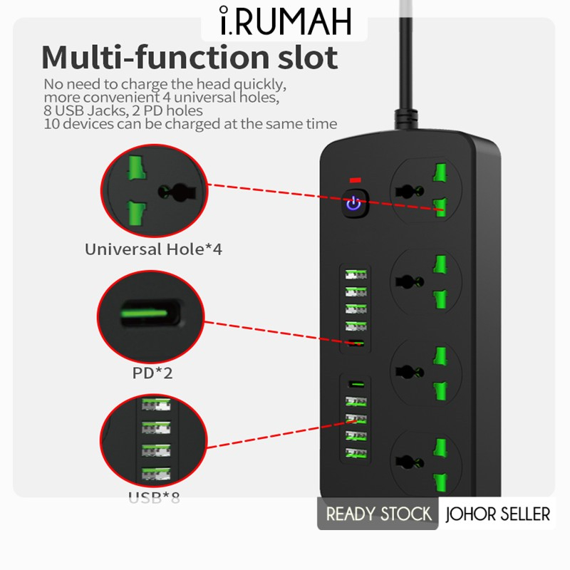 【i.Rumah】 Extension Socket Malaysia Plug Adapter 4AC/4 Plug 8 USB