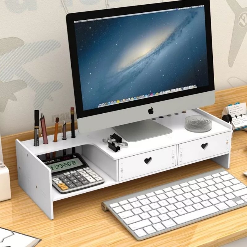Desktop monitor computer plastic rack stand with drawer rak laptop rak ...