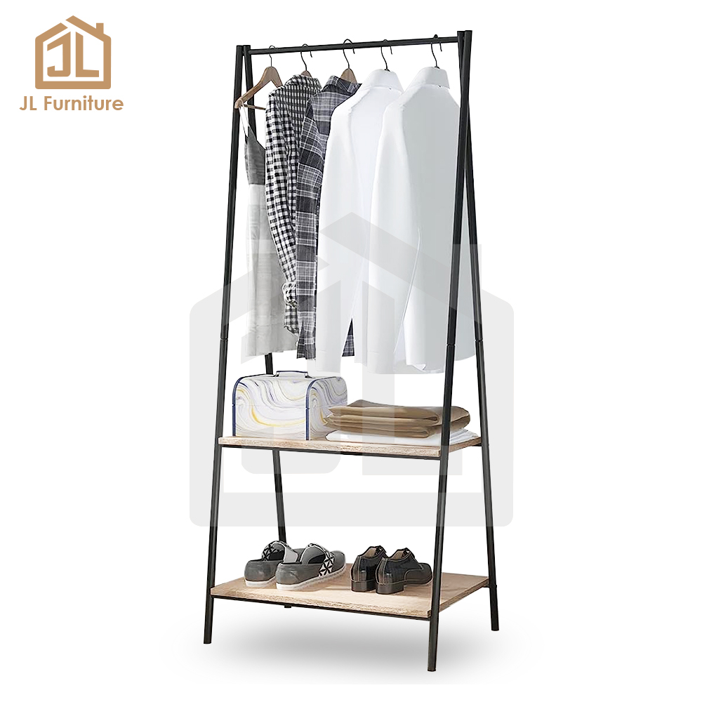 Metal Folding L Shape Clothing Stand Hanger Hook Coat Wardrobe Storage Rack  Laundry Bedroom Cloth Organizer Rak Pakaian