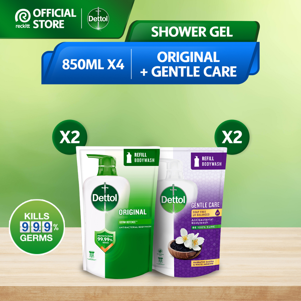 Dettol Shower Gel/Antibacterial Body Wash Refill Pouch (850ml x 4