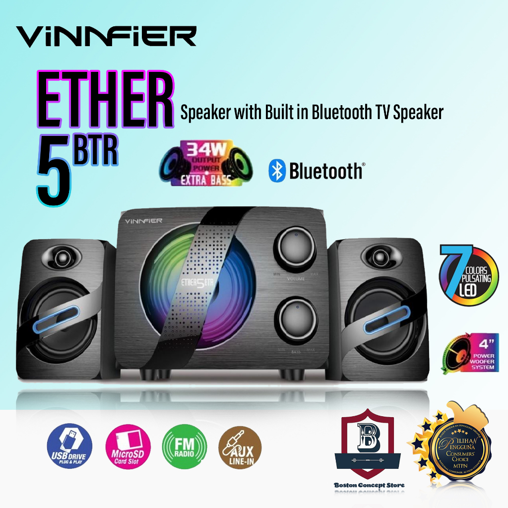 BOSTON Vinnfier Ether 5 BTR 2.1 Speaker with Built in Bluetooth TV Speaker Shopee Malaysia