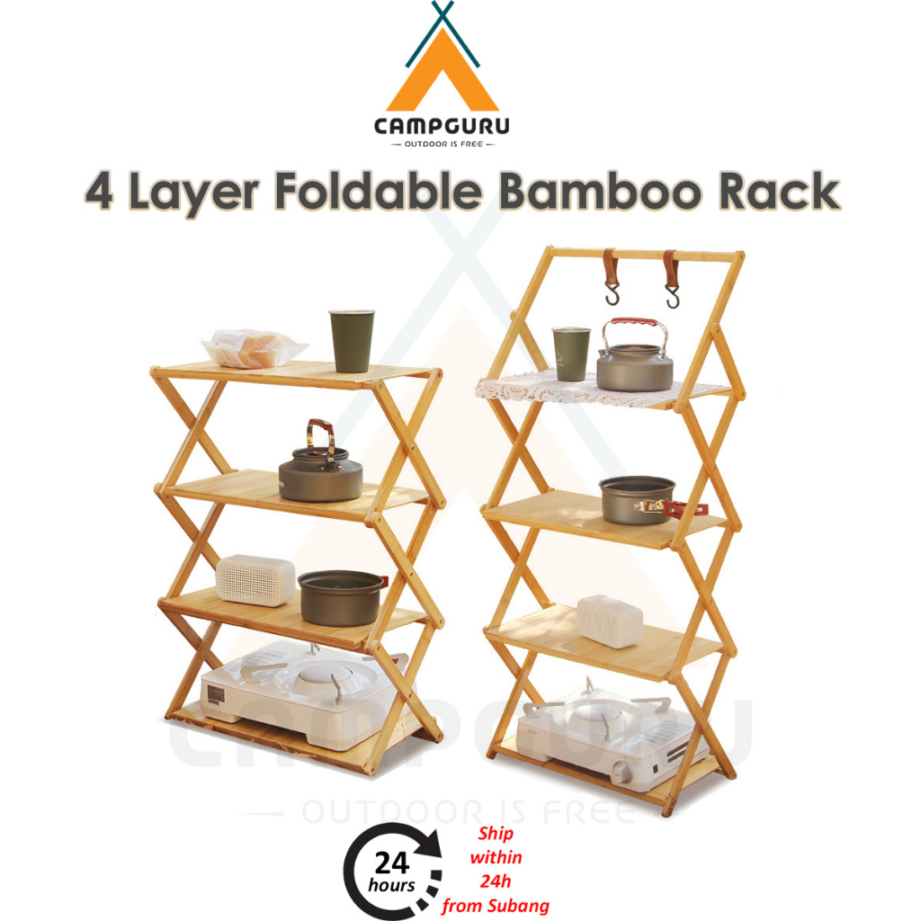 CAMPGURU 4 Tier Foldable Bamboo Wooden Storage Rack Shelf Camping ...