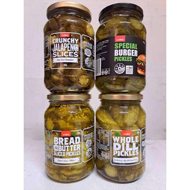 Coles Whole Dill Pickles Gherkins / Special Burger Pickles / Bread