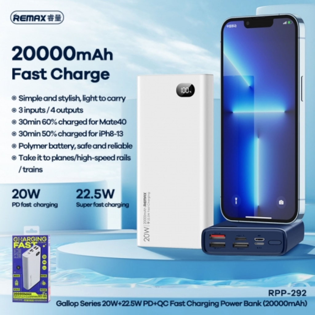 REMAX RPP-292 22.5W 20000mAh Powerbank / PD 20W + QC 22.5W Super Fast ...