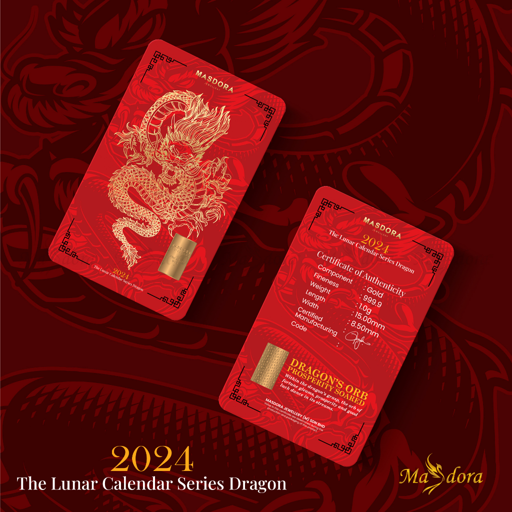 Masdora 999.9 Gold Bar Golden Dragon Lunar Calendar Year Collection (1.00g)