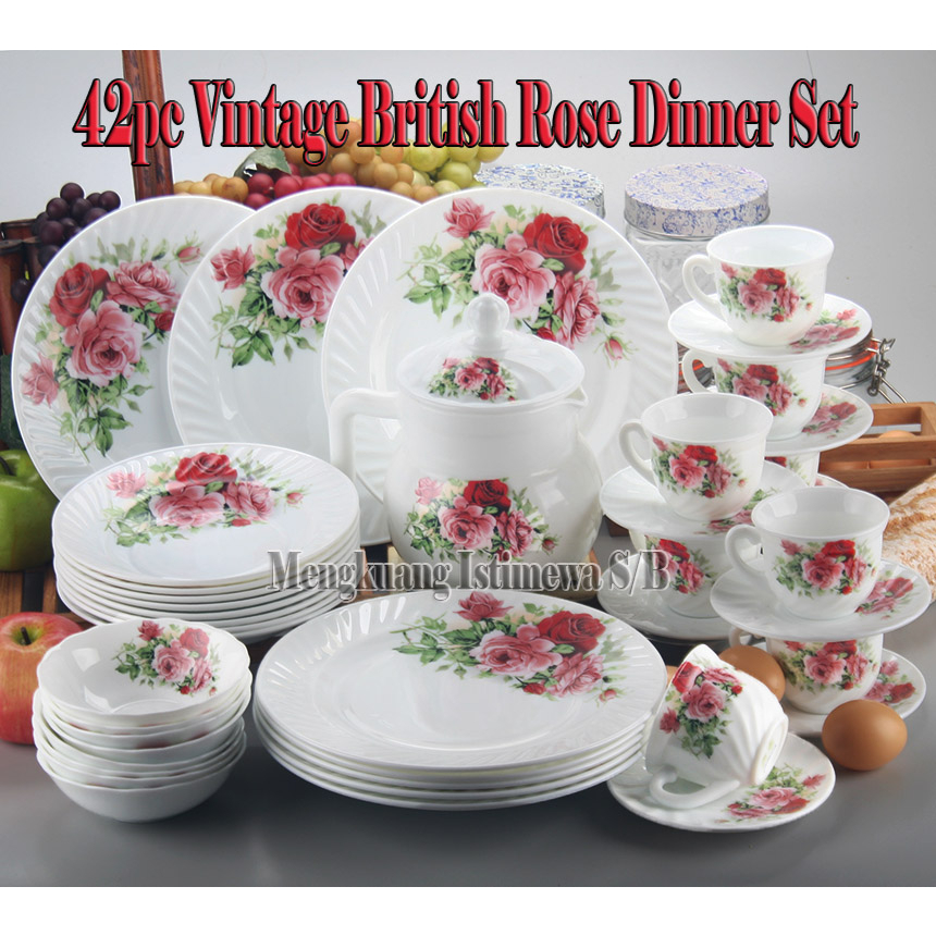 42 PC EUROPAL VINTAGE BRITISH ROSE OPAL DINNER SET /PINGGAN MANGKUK ...