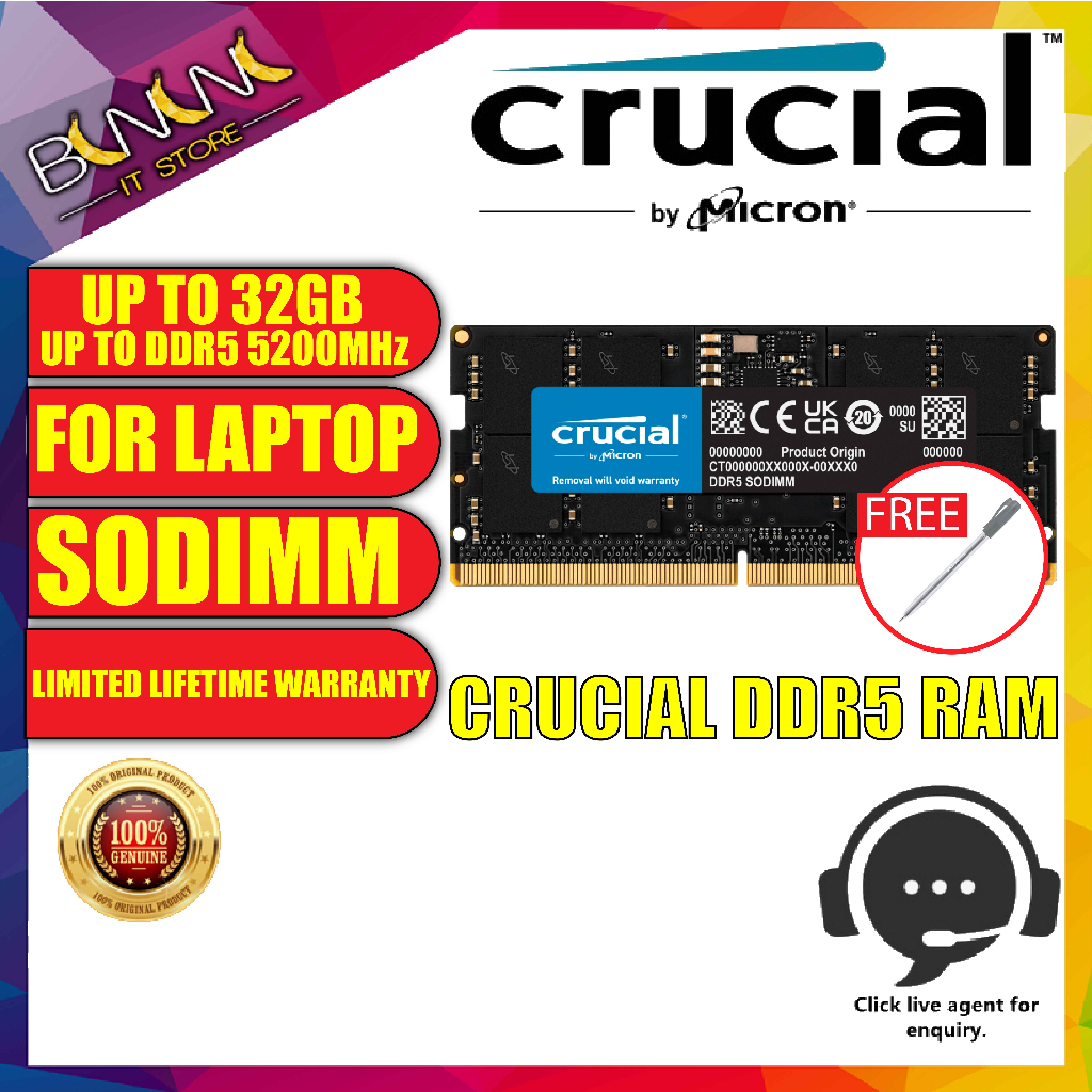 Crucial RAM 32GB DDR5 5200MHz (or 4800MHz) Laptop Memory CT32G52C42S5