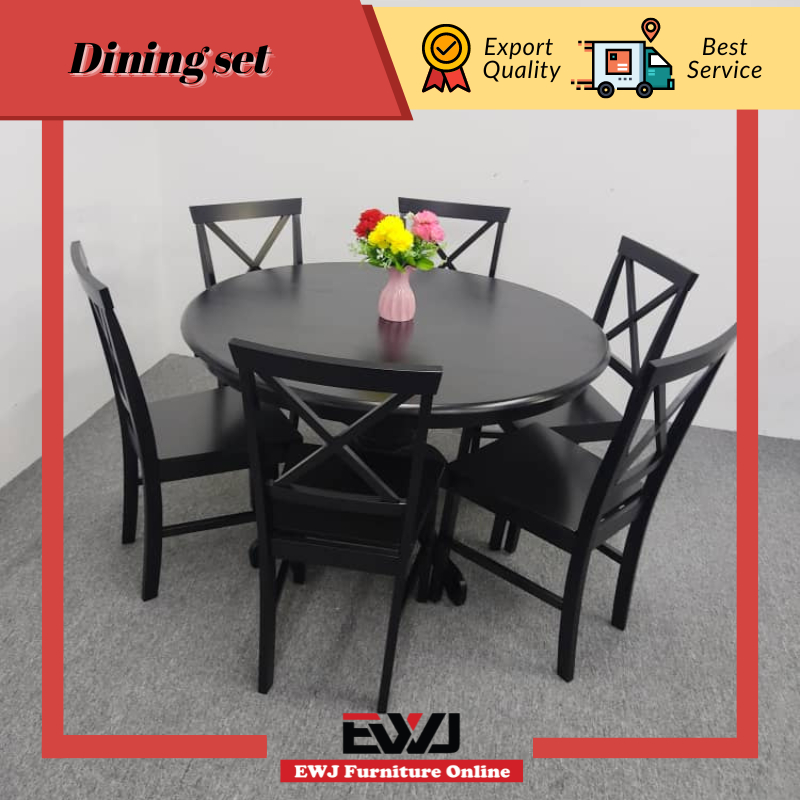 EWJ 91/92/93+ 4ft Round Table Dining Set 6/8 seater Black / Set Meja ...
