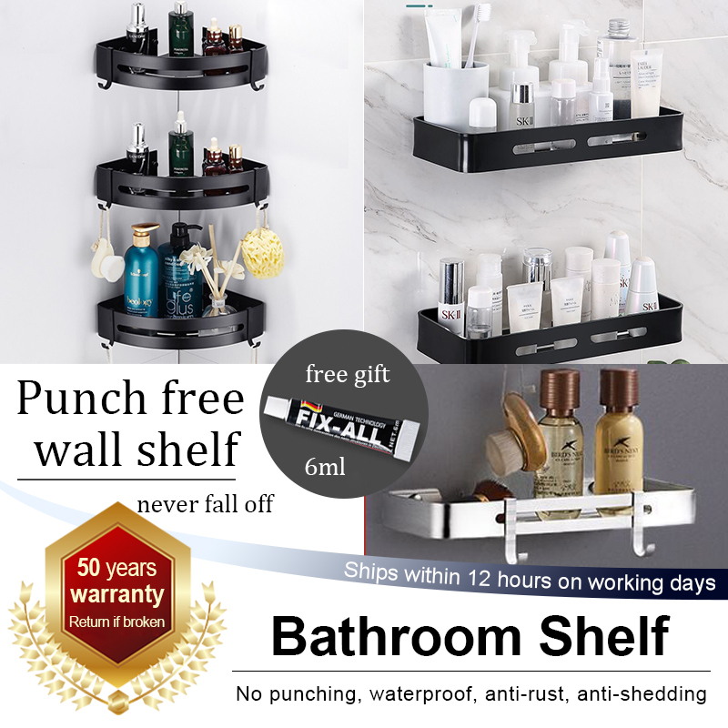 【local seller】bathroom shelf wallless punched corner shelf kitchen ...