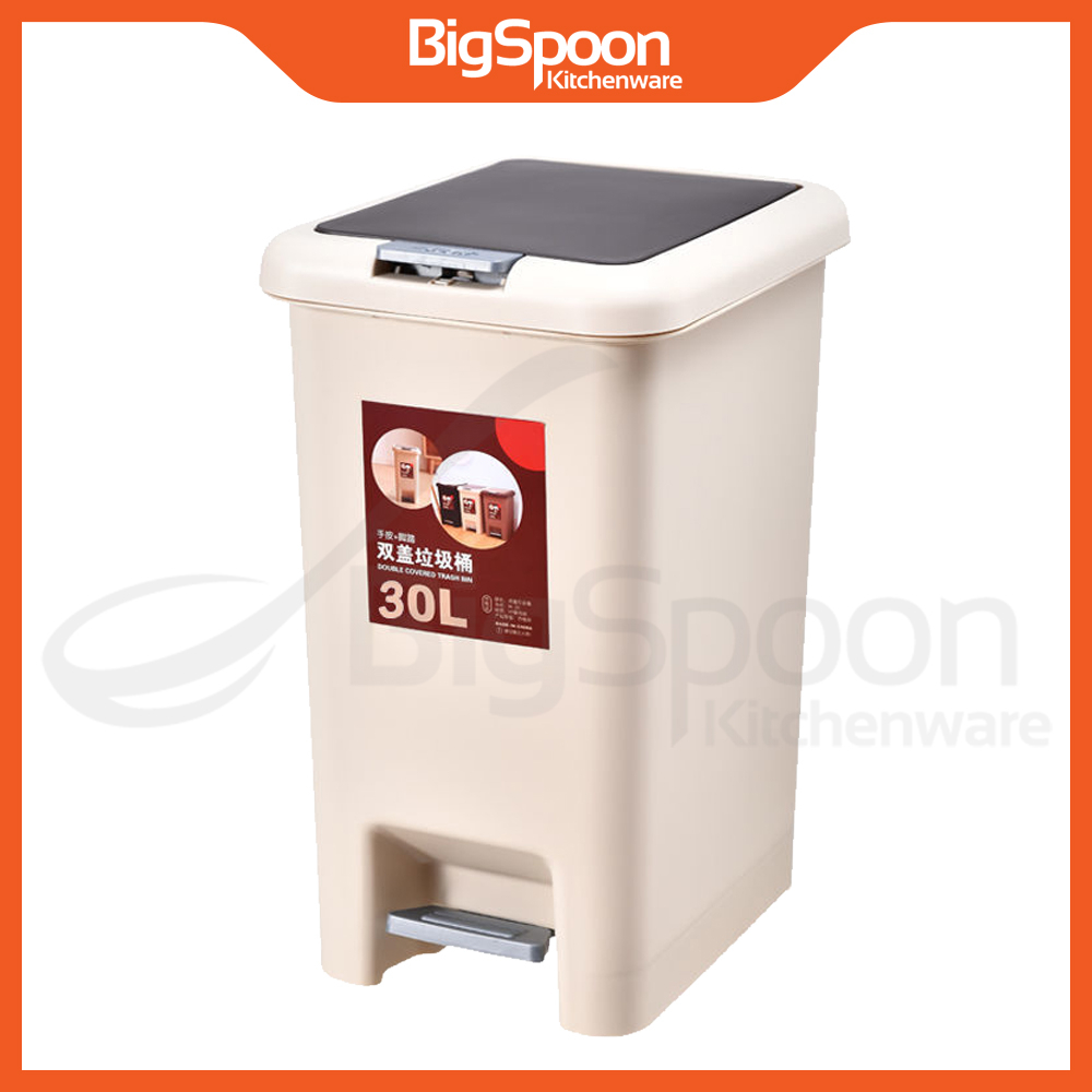 BIGSPOON Dual Pedal Dustbin with Lid Kitchen Rubbish Bin Trash Bin Tong ...
