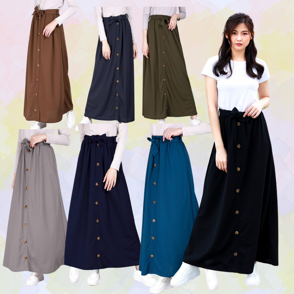 A Line High Waist Button Muslimah Long Maxi Dress Skirt Panjang Wanita  [32220]