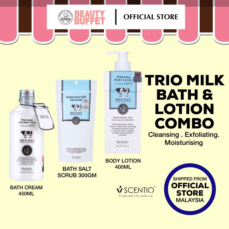 BEAUTY BUFFET SCENTIO COMBO SET MILK PLUS Q10 WHITENING BATH CREAM 450ML SALT SCRUB 300GM BODY LOTION 400ML