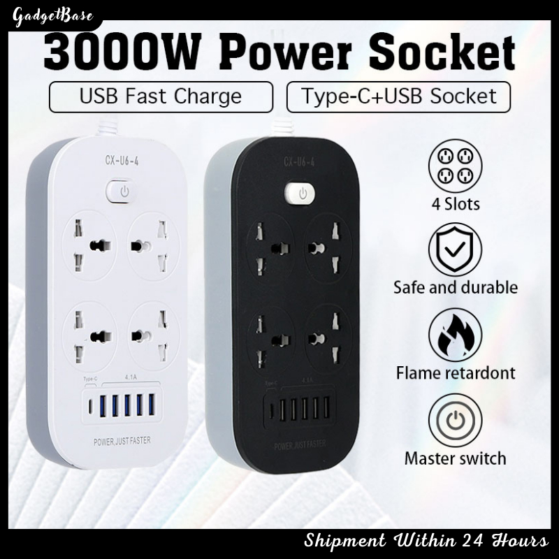 UK PLUG 3000W Power Strip 4 Universal Outlet 5 USB Extension Socket