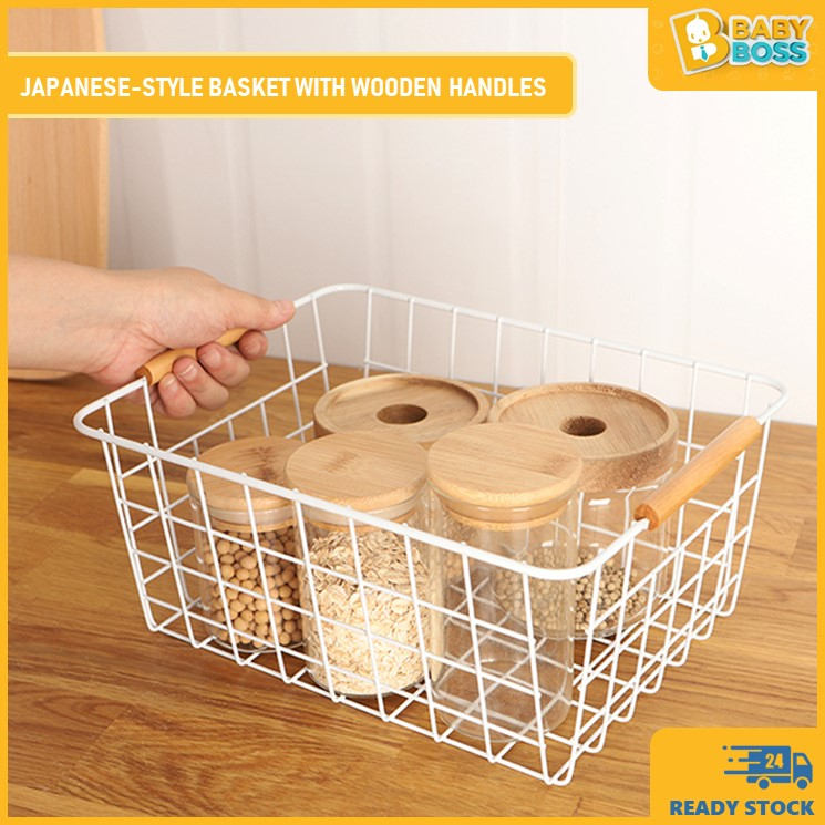 BabyBoss Wire White Basket with Wooden Handles Storage Organizer