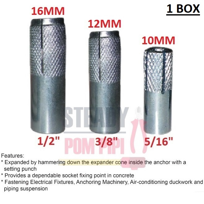 DROP IN ANCHOR / WALL PLUG ( 10MM / 12MM /16MM ) 1 BOX Shopee Malaysia