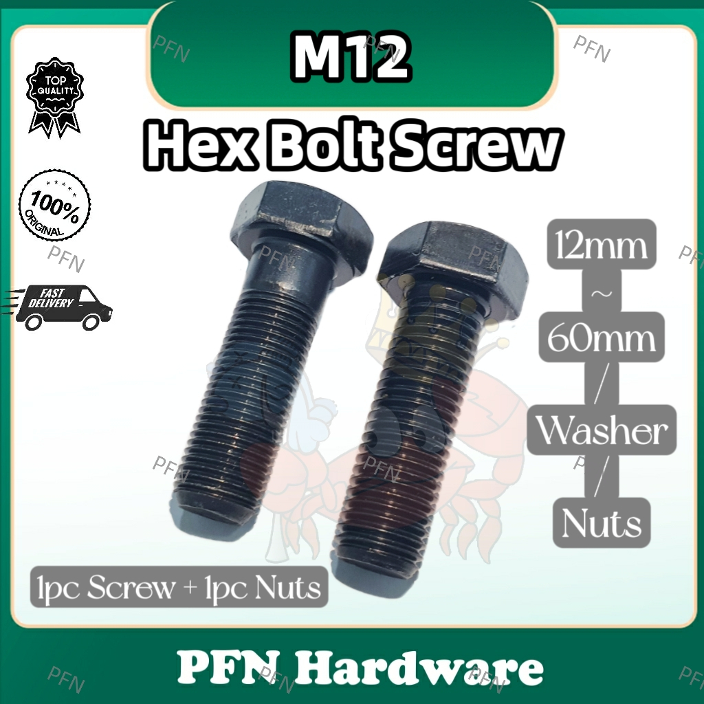 M12 Hex Bolt (25MM - 140MM) High Tensile (Black S. Steel) Hexagon Bolt ...