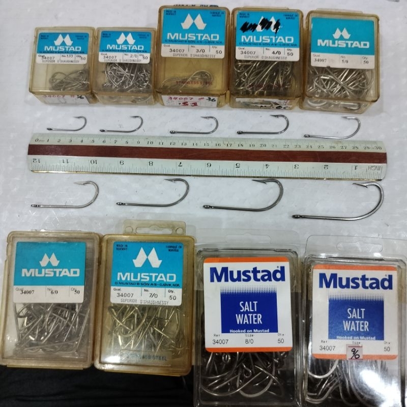 MUSTAD 34007 STAINLESS STEEL O SHAUGHNESSY HOOK 9/0 8/0 7/0 6/0 5/0 4/0 3/0  2/0 1/0 MADE IN NORWAY