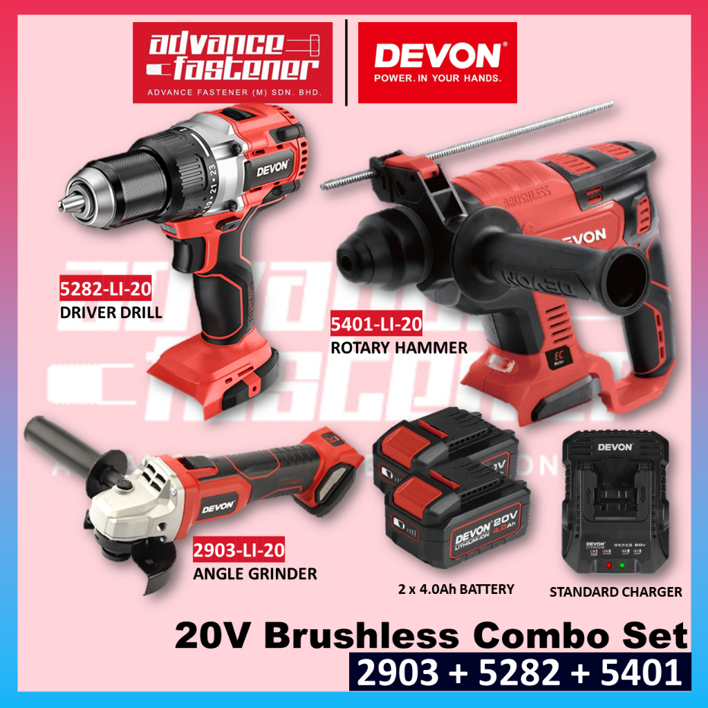 DEVON 20V Brushless Combo Set ( Rotary Hammer / Driver Drill / Angle