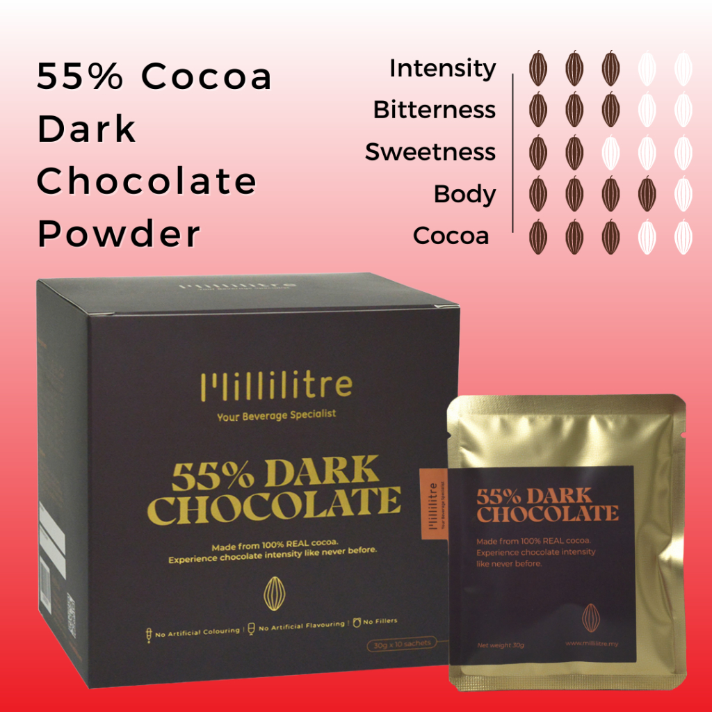 Millilitre 55 Cocoa Hot Dark Chocolate Powder (90g/300g/750g) Serbuk