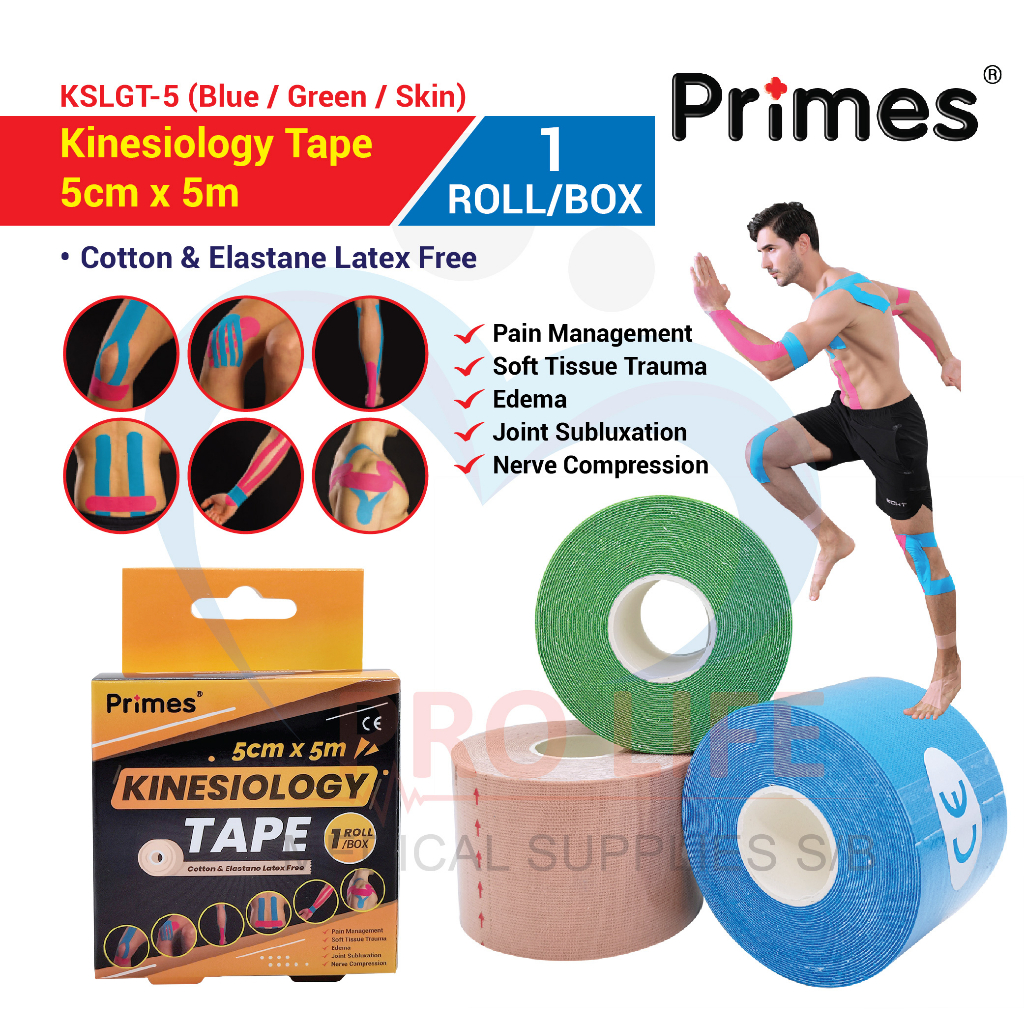 Primes Kinesiology Tape 5cm x 5m (KSLGT5)(Blue / Green / Skin