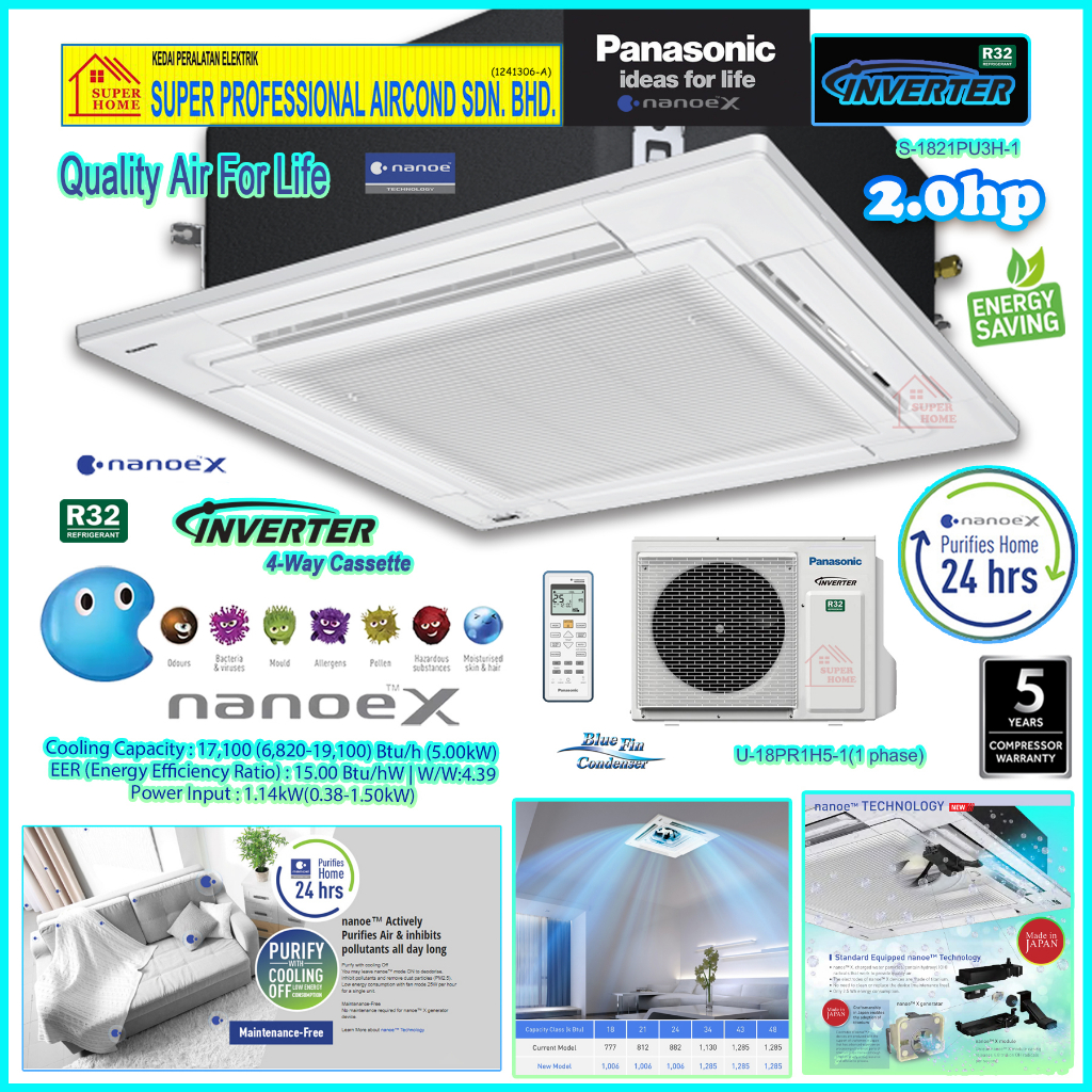 Panasonic 2 0hp Inverter Ceiling Cassette Air Conditioner S 1821pu3h 1 And U 18pr1h5 1 Panel Cz