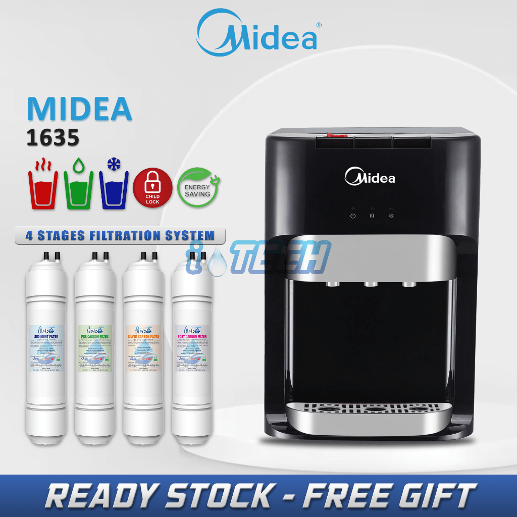 Midea Mild Alkaline Water Dispenser Hot Normal Cold Model 1635 With 4 Korea Water Filter Set 2067
