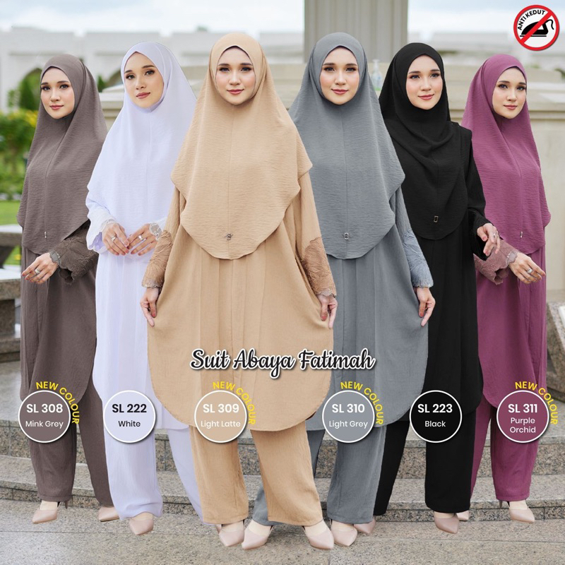 Abaya Fatimah Suit Muslimah Ironless Baju Set Seluar Dress Muslimah