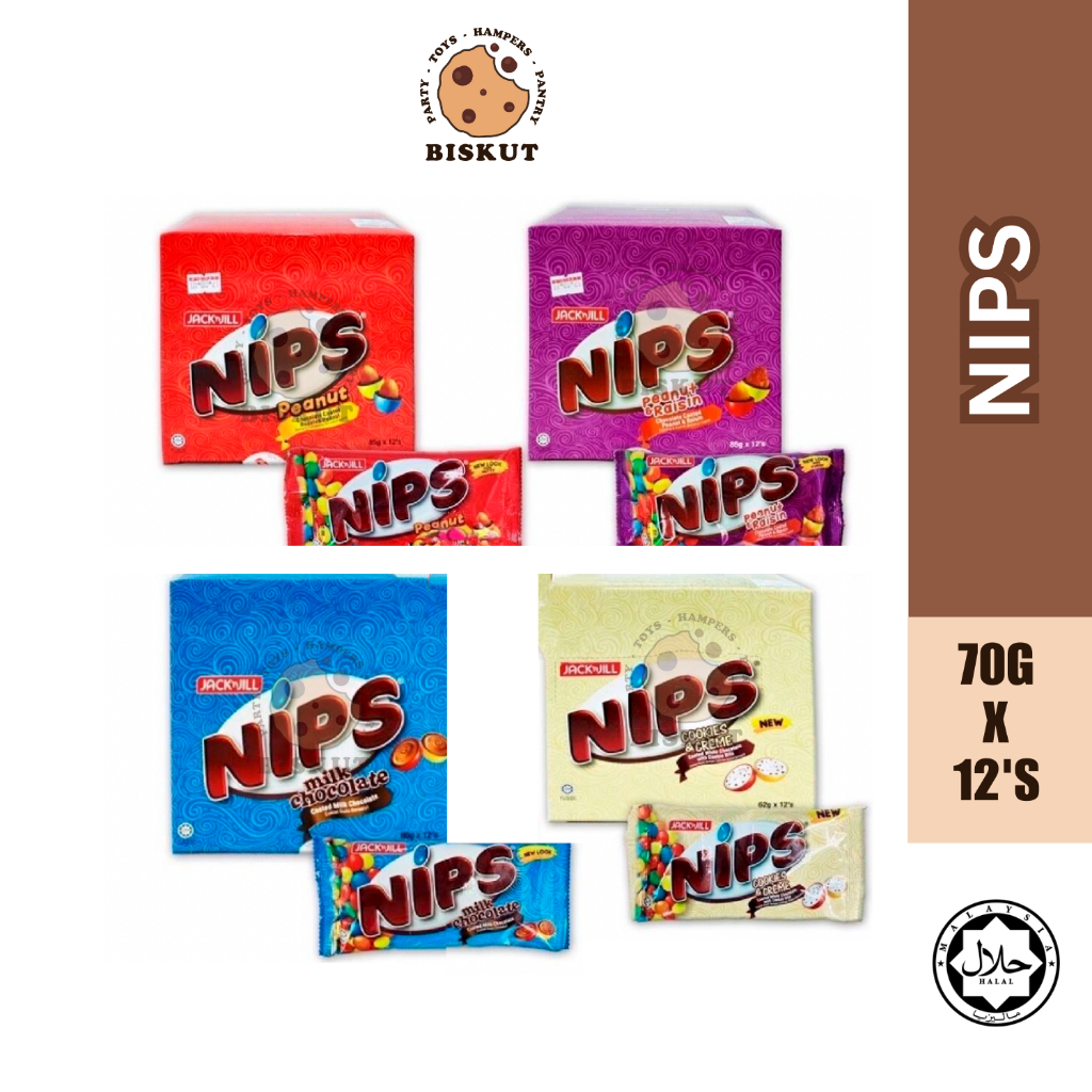 CHOCOLATE NIPS PEANUT/RAISING/MILK CHOC/COOKIES & CREAM(1box) Shopee