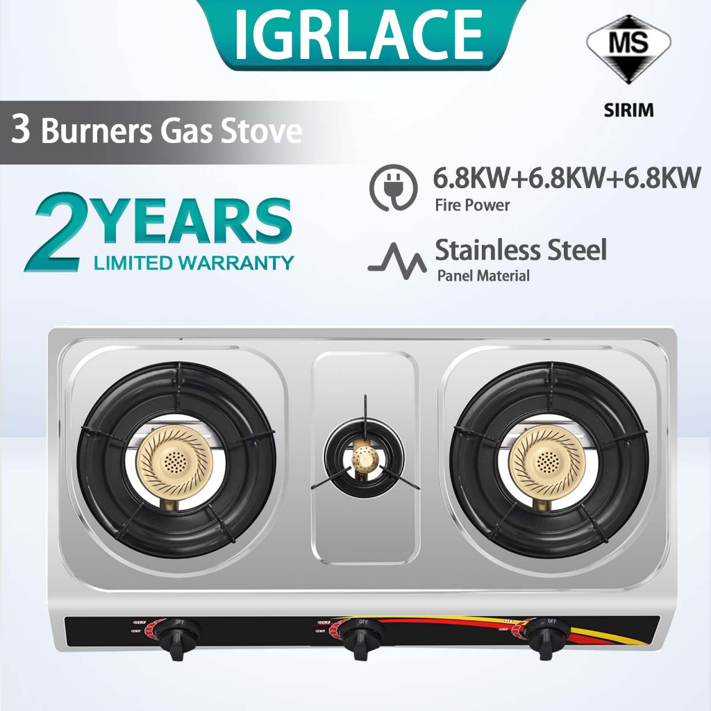 IGRLACE Gas Stove 3 Burners Stainless Steel Gas Stove Dapur gas 3 penunu dapur gas keluli tahan