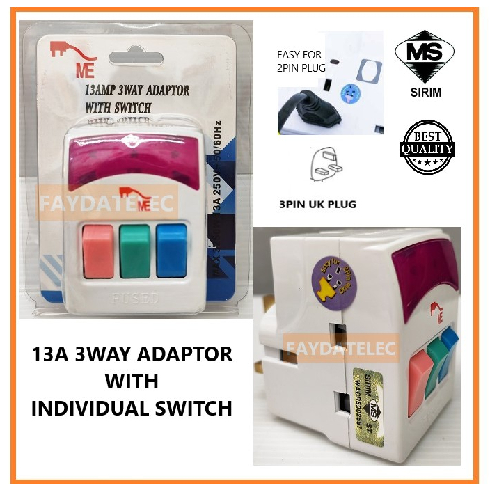 13A 3WAY ADAPTOR C/W INDIVIDUAL SWITCH (SIRIM APPROVED) | Shopee Malaysia