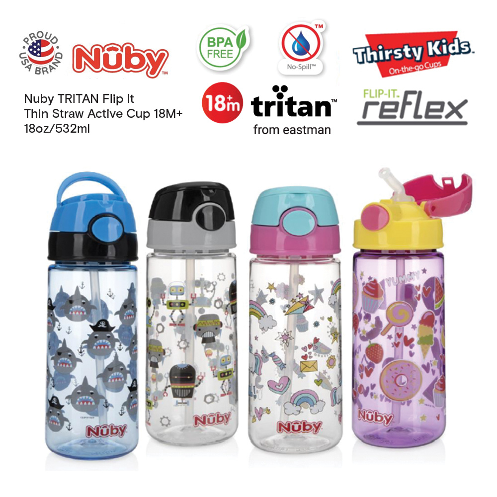 Nuby Tritan Thirsty Kids Flip-It Active Cup Straw Water Bottle 18oz ...