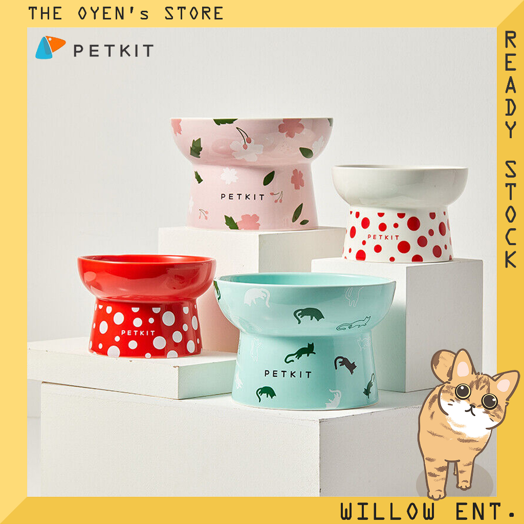 Ceramic Slow Feeder Cat Bowl - Raised Flower Design For Dry/Wet Food (No Black Chin, Non-Slip Base)
