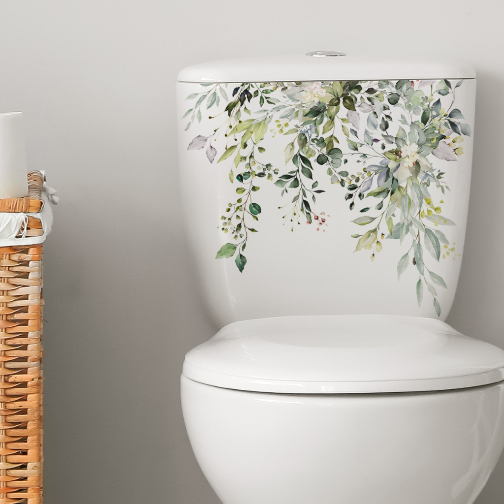 Plant Leaves Flowers Toilet Seat Lid Stickers, Self-Adhesive Bathroom