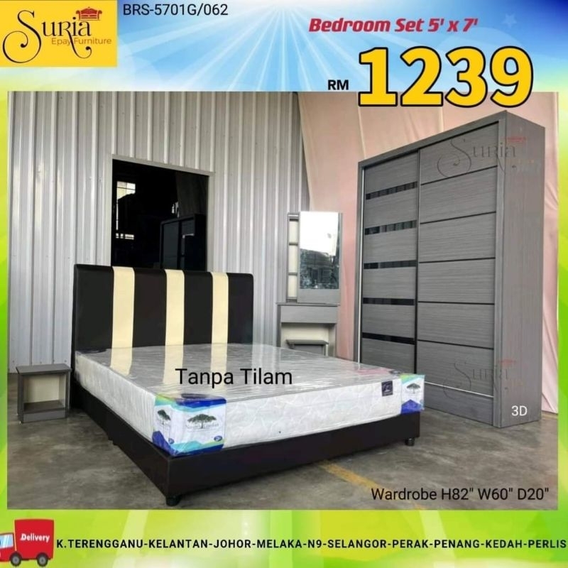 [Siap Pasang]Bedroom Set 5'x7' (Divan 5'+Wardrobe+Dressing Table+Side ...