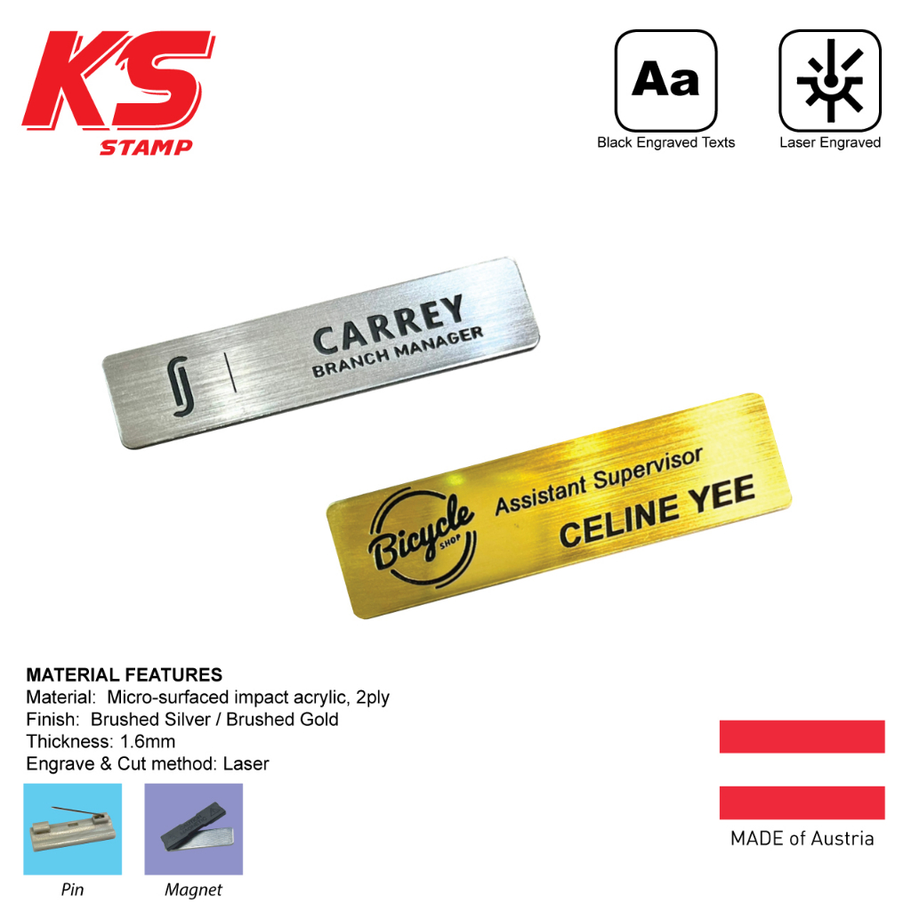 Custom made / Personalized Laser Acrylic (Silver / Gold) Name Tag