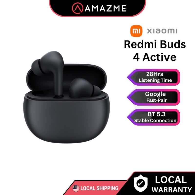 Xiaomi Redmi Buds 4 Active, Advanced Bluetooth® 5.3, 12mm Dynamic Driver,  Google Fast Pair, Up to 28 Hours* Long Listening time with case, Black
