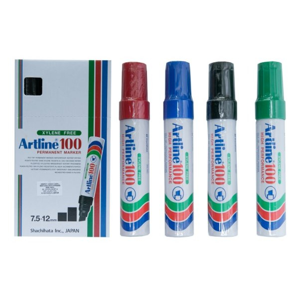 ARTLINE 100 PERMANENT MARKER BOLD POINT CHISEL STYLE BLACK BLUE RED