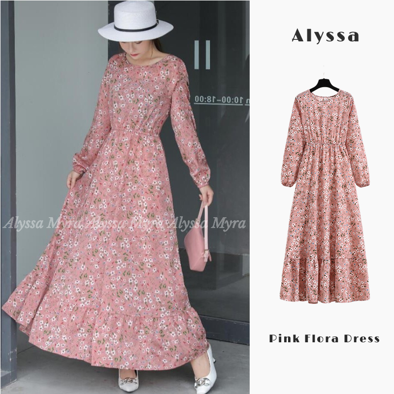 [Malay Stock] Alyssa Fashion Baju Raya 2023 Pink Maxi Dress Elegant Long Sleeve Floral Print Hijab outfit Kain Lembut