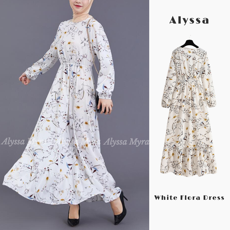 [Malay Stock] Alyssa Fashion Baju Raya 2023 White Maxi Dress Elegant Long Sleeve Floral Print Hijab outfit Kain Lembut