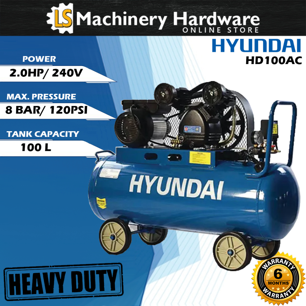 Hyundai HD100AC 2.0HP 100Litre 8Bar/120psi Belting Heavy Duty Air ...