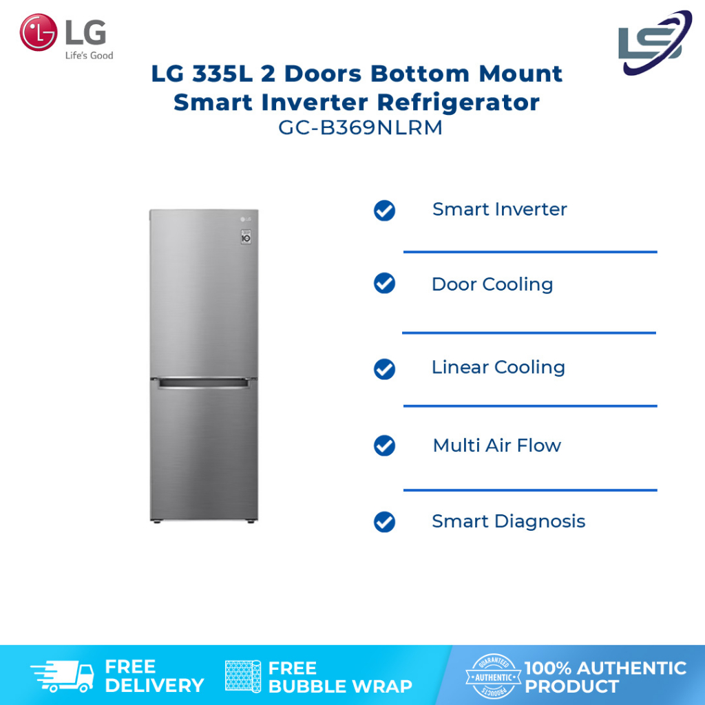 LG 335L 2 Doors Bottom Mount Smart Inverter Refrigerator GCB369NLRM